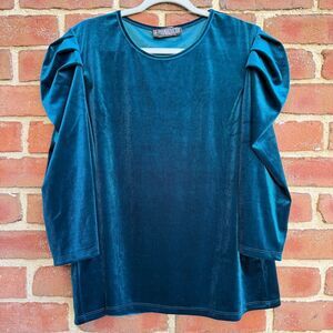 The Pyramid Collection Velvet Puff Sleeve Whimsigoth Top Turquoise 1X NEW